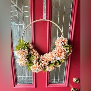 Peachy Flower Leaf Floral Decor Hawaiian Pastel Pom-Pom Twine Tweed Hoop Wreath